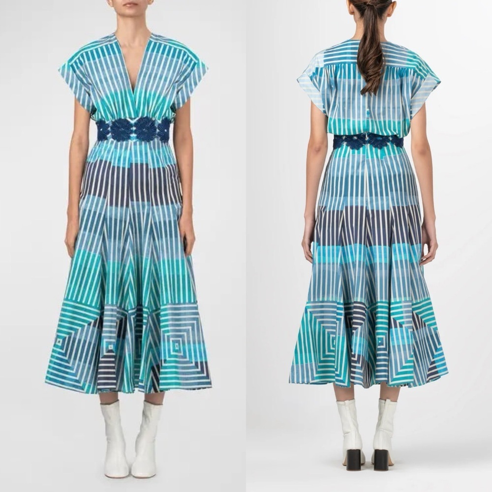 🆕 SILVIA TCHERASSI Adila Striped Midi Dress Infinity Blue Sz L